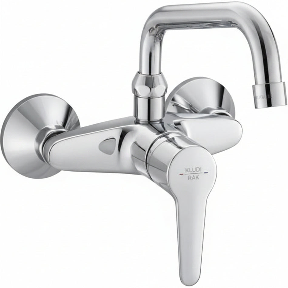 A polished chrome wall-mounted bathroom faucet with a single lever handle