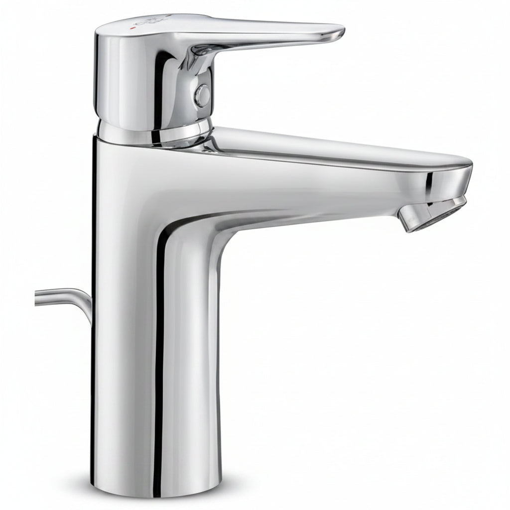 A modern single-handle bathroom faucet with a polished chrome finish