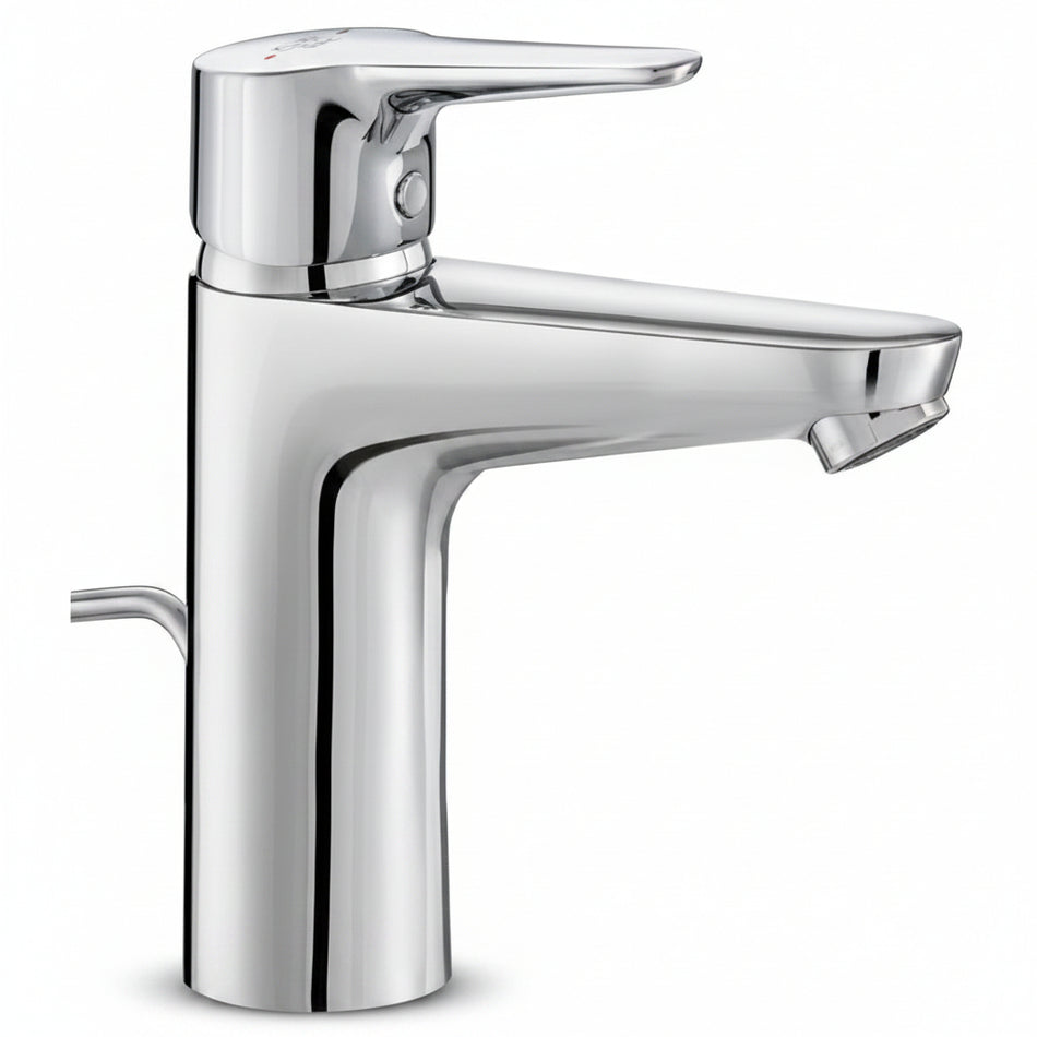 A modern single-handle bathroom faucet with a polished chrome finish