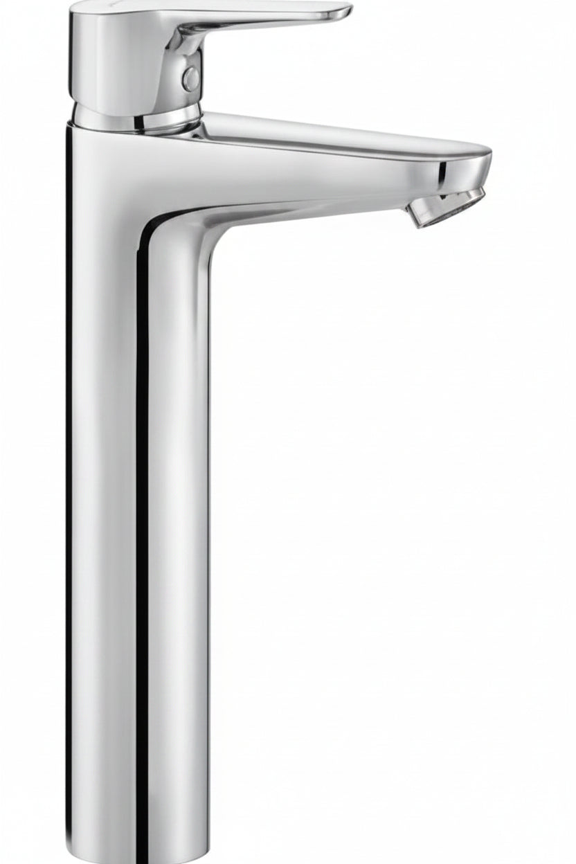 A modern single-handle bathroom faucet with a polished chrome finish, shown against a plain white background.