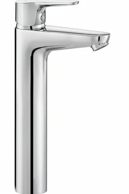 A modern single-handle bathroom faucet with a polished chrome finish, shown against a plain white background.