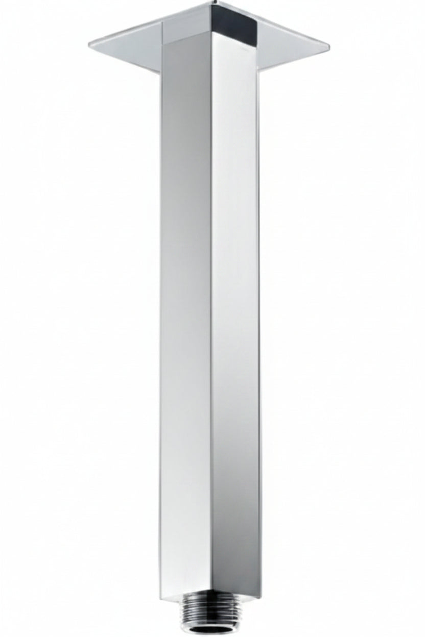 A modern square-profile metal faucet or shower spout with a polished chrome finish