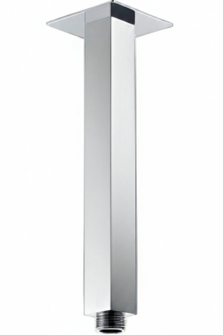 A modern square-profile metal faucet or shower spout with a polished chrome finish