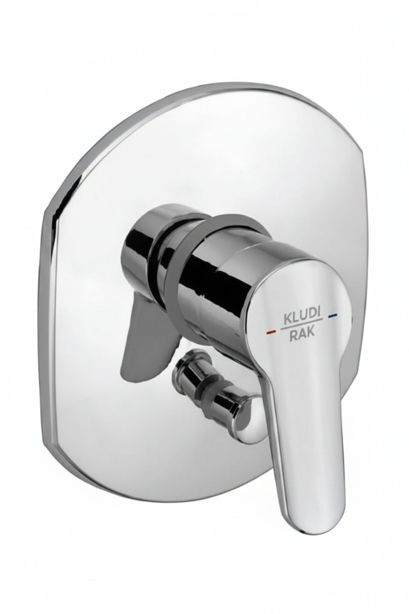 A polished chrome single-handle shower valve trim with a round backplate, featuring the Kludi Rak 