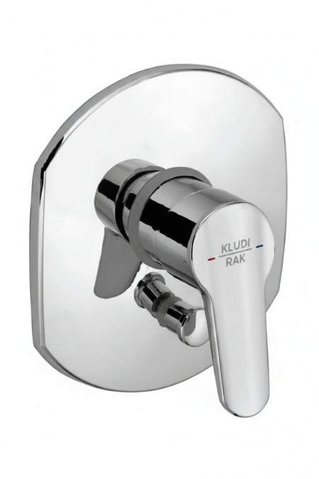 A polished chrome single-handle shower valve trim with a round backplate, featuring the Kludi Rak 