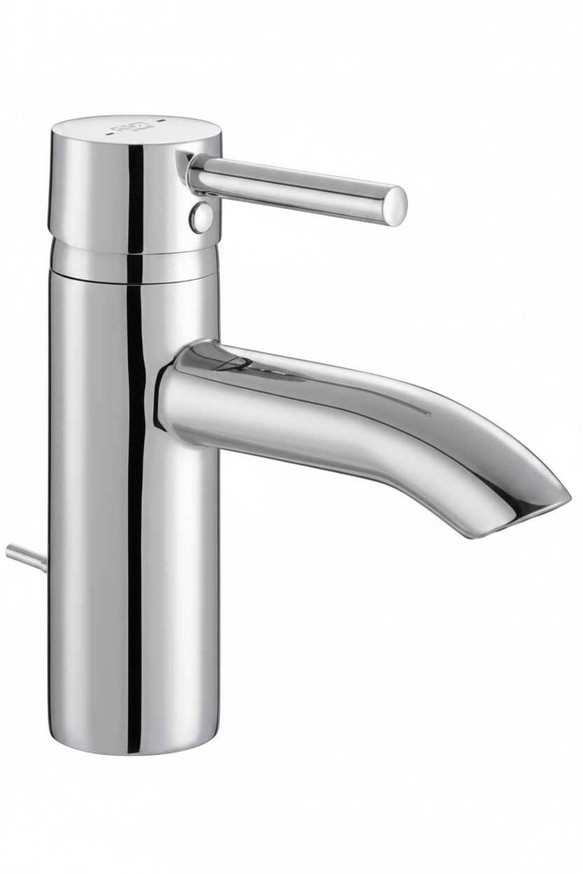 A modern single-handle bathroom faucet with a polished chrome finish, 