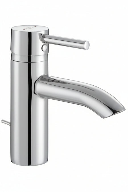 A modern single-handle bathroom faucet with a polished chrome finish, 