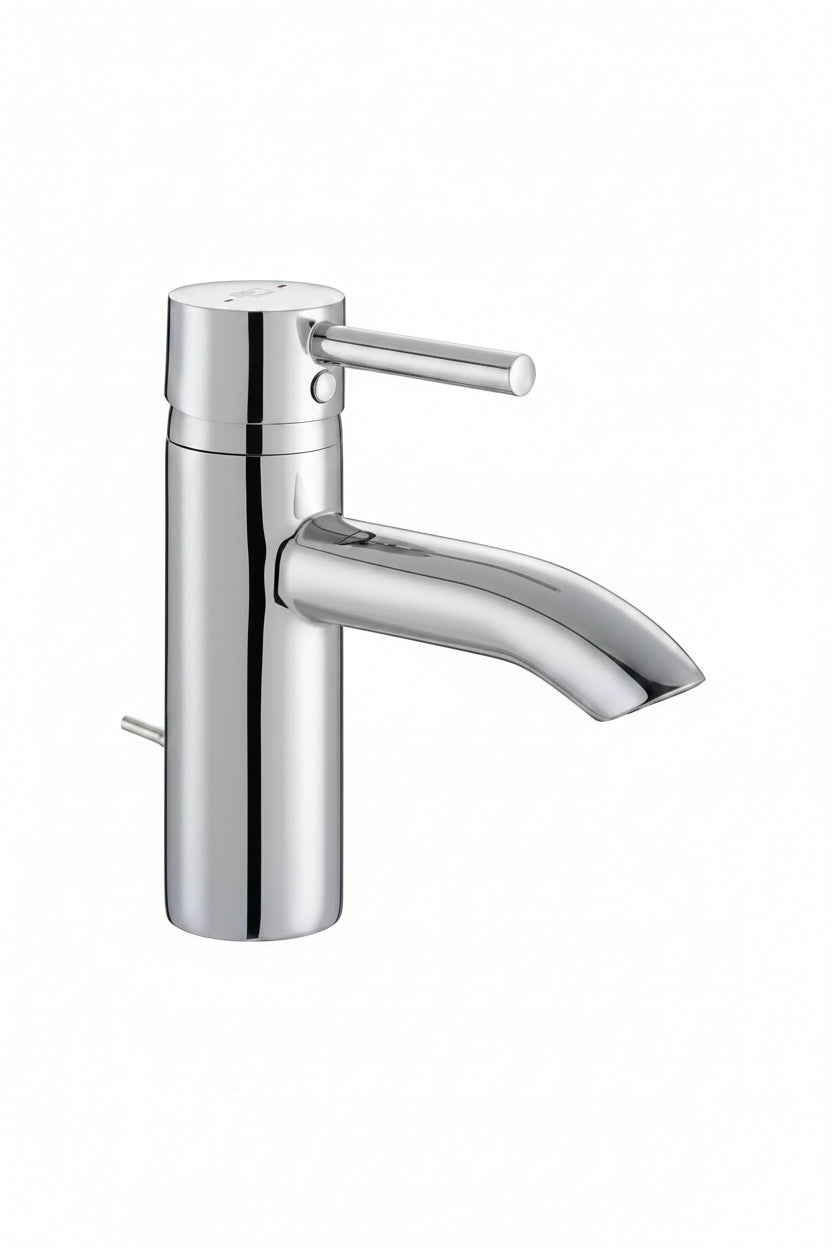 A modern single-handle bathroom faucet with a polished chrome finish, 
