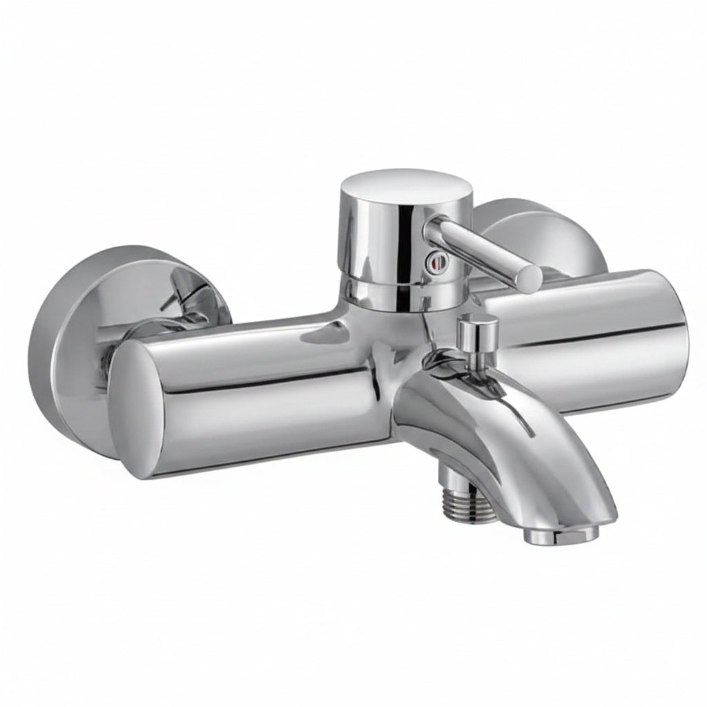 A polished chrome wall-mounted bathtub faucet with a single lever handle.