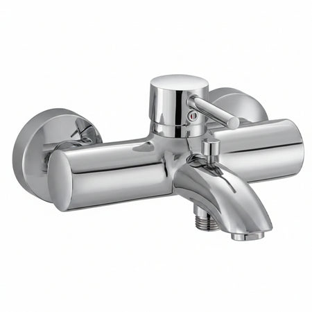A polished chrome wall-mounted bathtub faucet with a single lever handle.