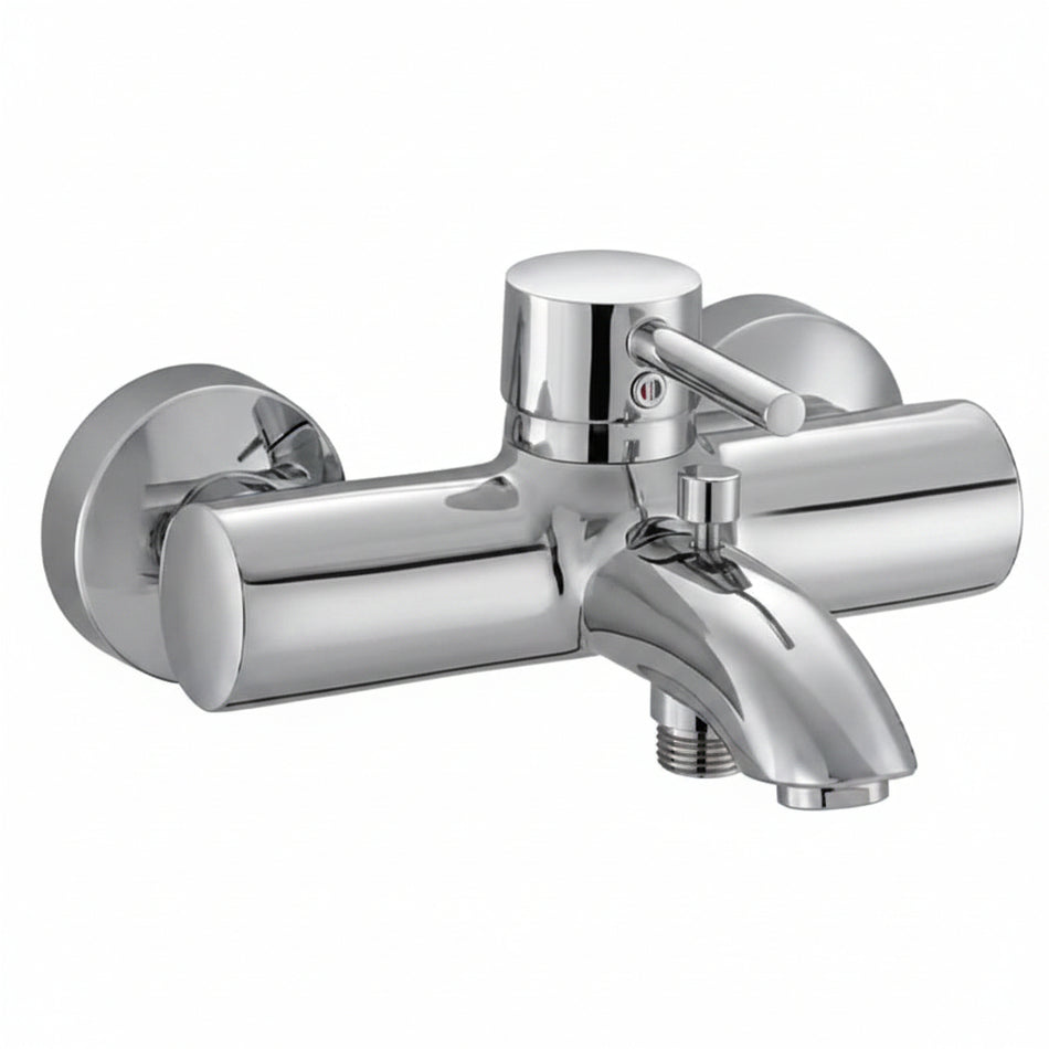 A polished chrome wall-mounted bathtub faucet with a single lever handle.