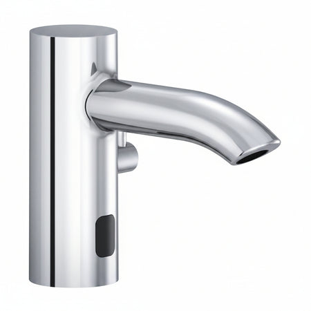 A modern chrome-finished single-handle bathroom faucet with a curved spout