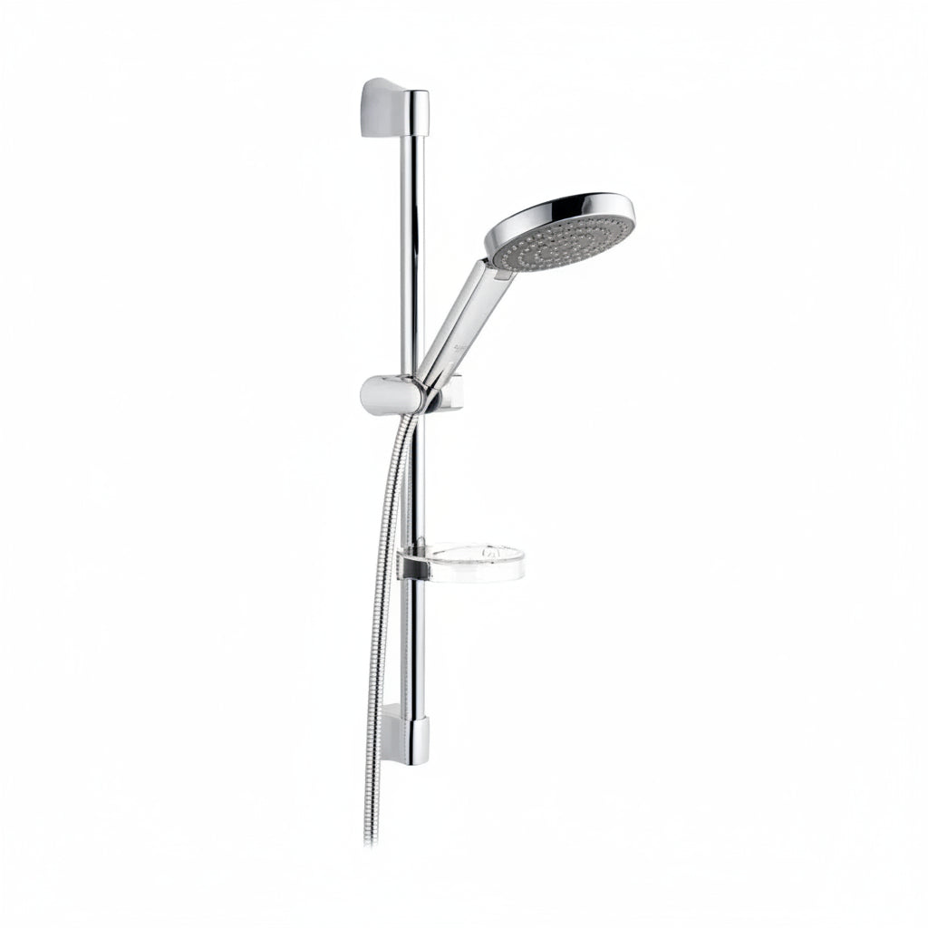 A polished chrome handheld shower system with a wall-mounted vertical bar, adjustable slide, flexible hose, and round rain shower head.