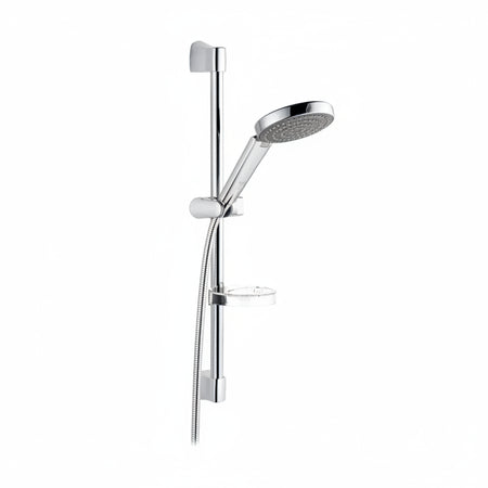 A polished chrome handheld shower system with a wall-mounted vertical bar, adjustable slide, flexible hose, and round rain shower head.