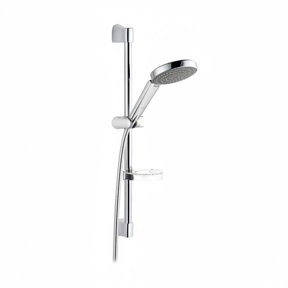 A polished chrome handheld shower system with a wall-mounted vertical bar, adjustable slide, flexible hose, and round rain shower head.