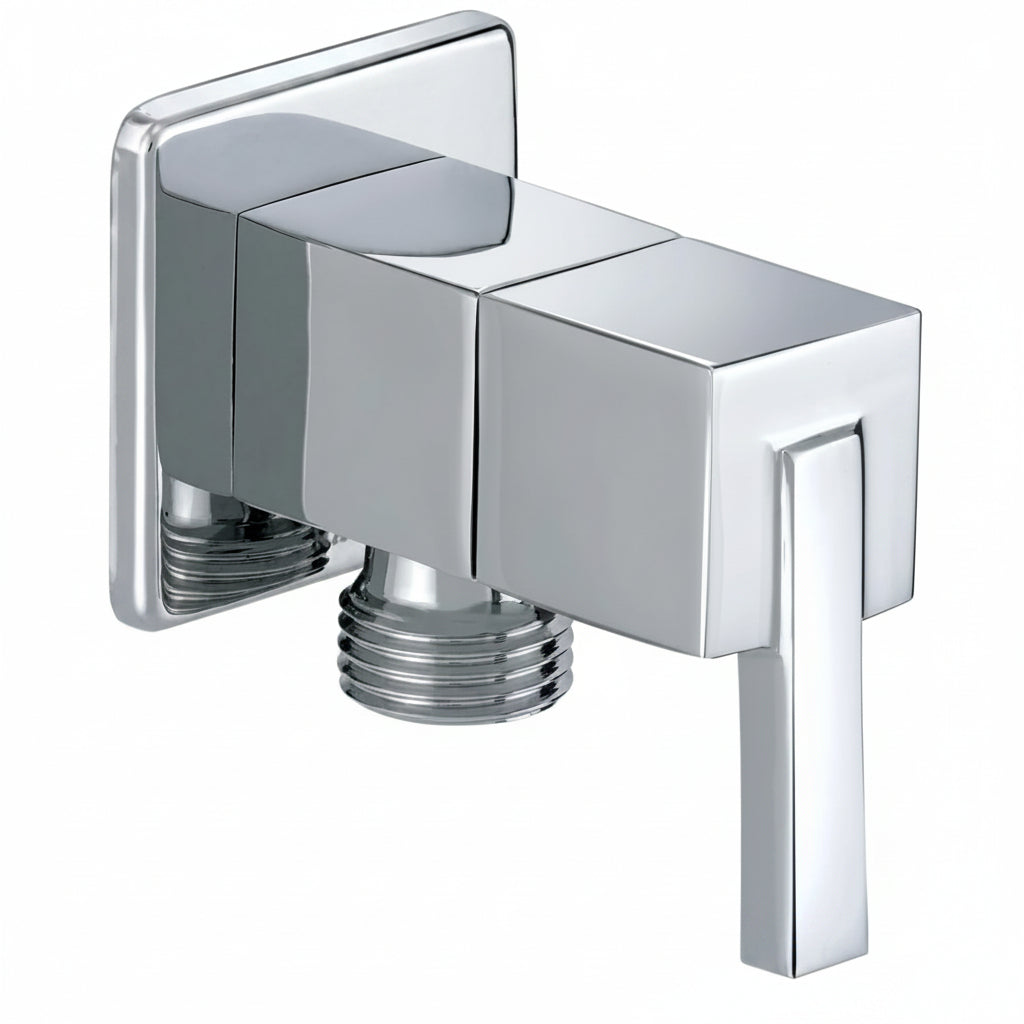 A modern wall-mounted shower faucet with a polished chrome finish, featuring a square lever handle and a threaded connection below.