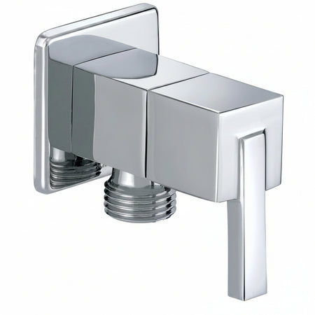 A modern wall-mounted shower faucet with a polished chrome finish, featuring a square lever handle and a threaded connection below.