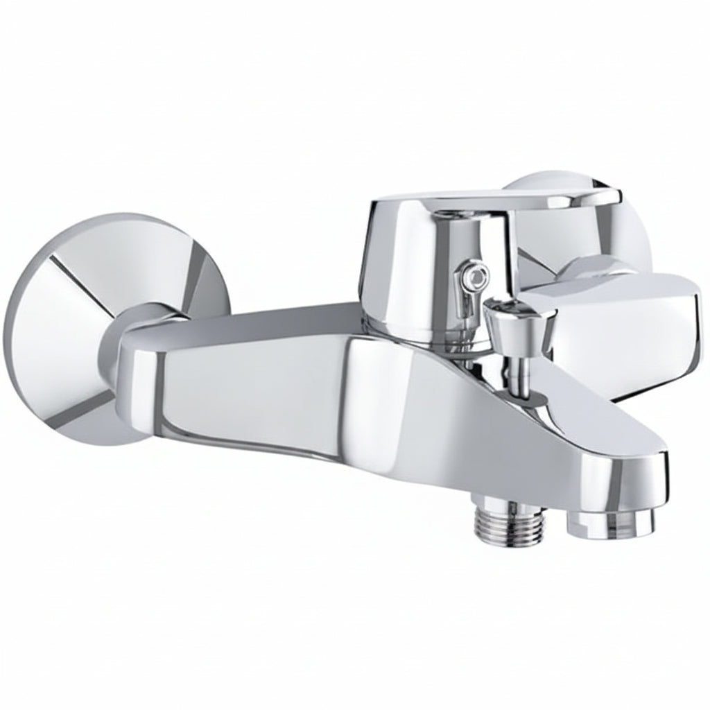 A polished chrome single-handle tub spout faucet with a wall-mount bracket and lever handle.