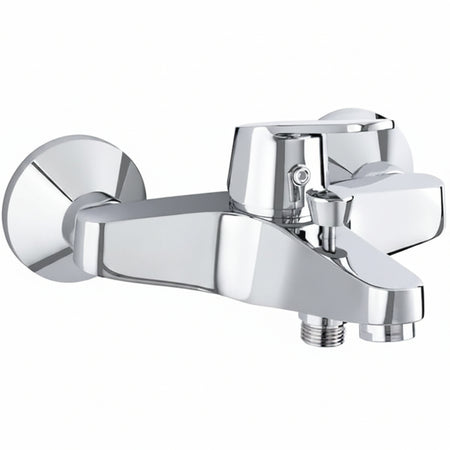 A polished chrome single-handle tub spout faucet with a wall-mount bracket and lever handle.