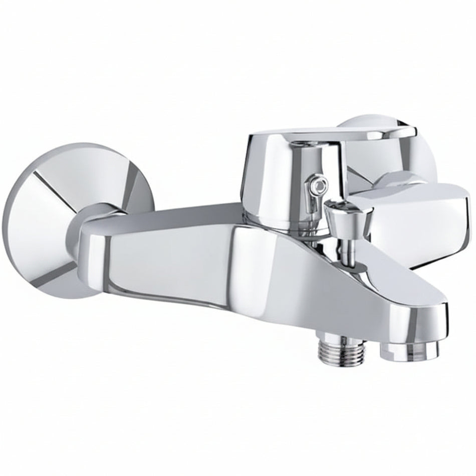 A polished chrome single-handle tub spout faucet with a wall-mount bracket and lever handle.