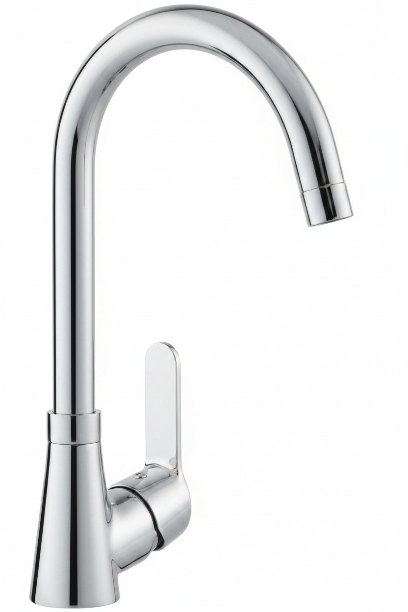 A high-arc chrome kitchen faucet with a single lever handle