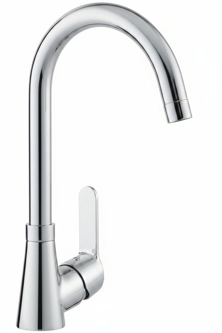 A high-arc chrome kitchen faucet with a single lever handle