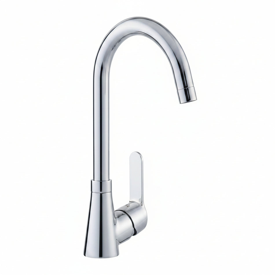 A high-arc chrome kitchen faucet with a single lever handle