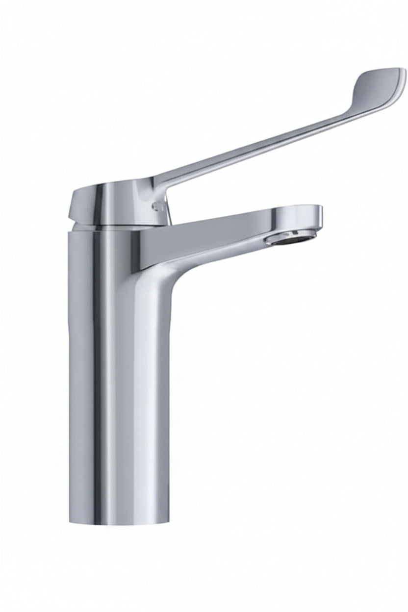 A modern single-handle bathroom faucet with a polished chrome finish