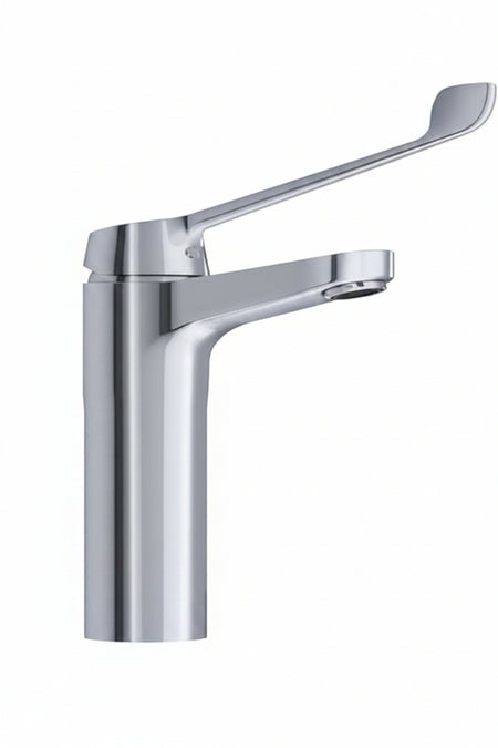 A modern single-handle bathroom faucet with a polished chrome finish