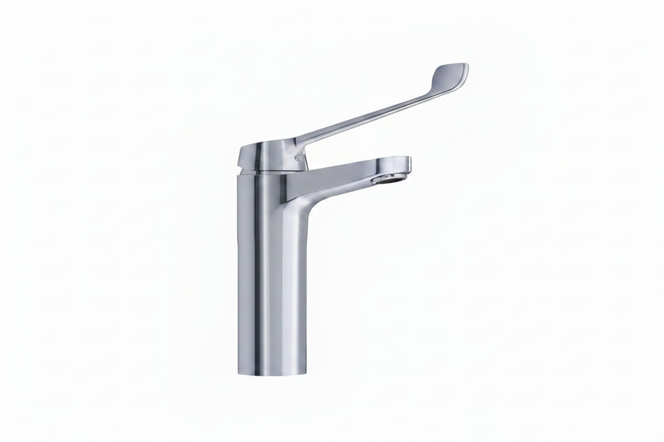 A modern single-handle bathroom faucet with a polished chrome finish