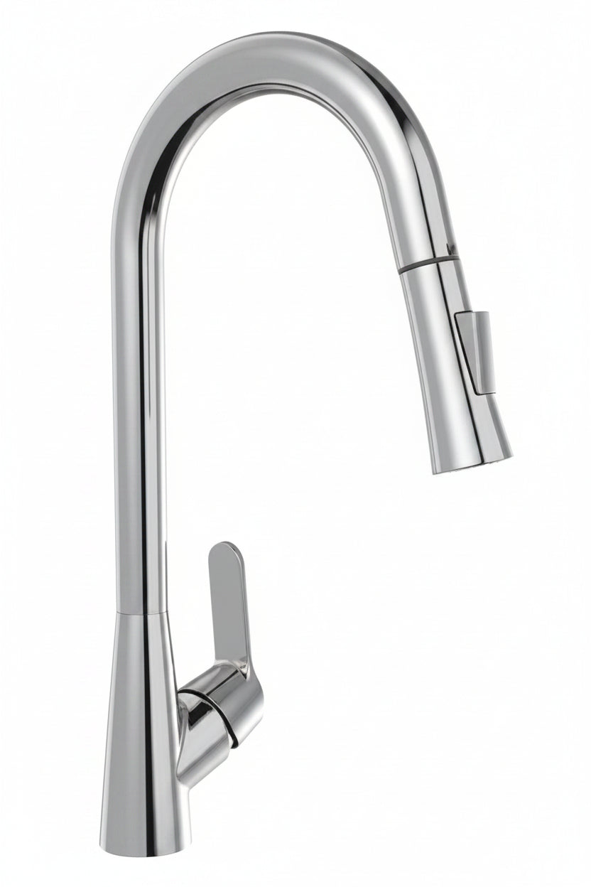 A polished chrome kitchen faucet with a high-arc spout and a single lever handle, shown against a plain white background.