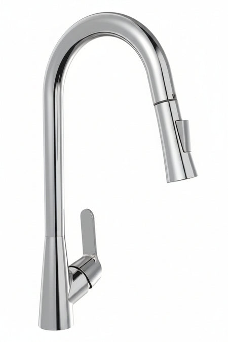 A polished chrome kitchen faucet with a high-arc spout and a single lever handle, shown against a plain white background.