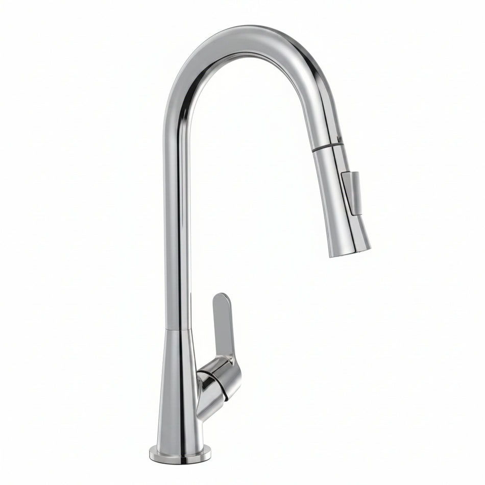A polished chrome kitchen faucet with a high-arc spout and a single lever handle, shown against a plain white background.