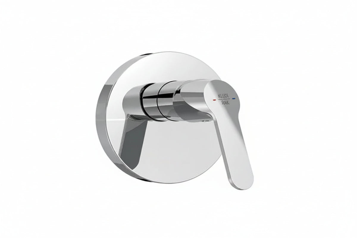 A modern single-handle wall-mounted faucet trim with a polished chrome finish