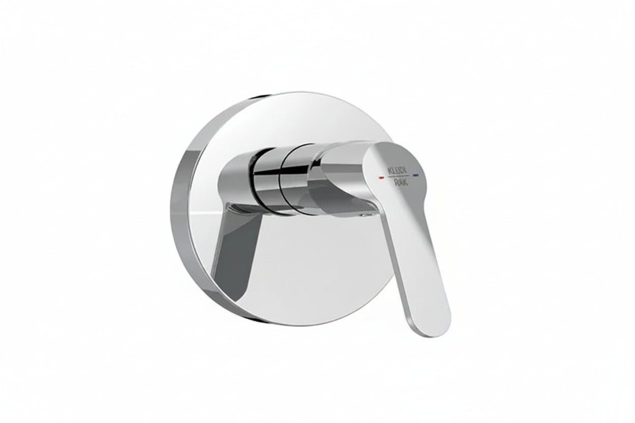 A modern single-handle wall-mounted faucet trim with a polished chrome finish