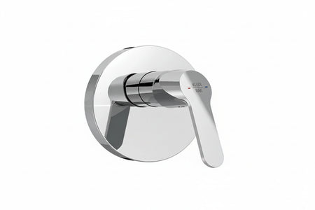 A modern single-handle wall-mounted faucet trim with a polished chrome finish