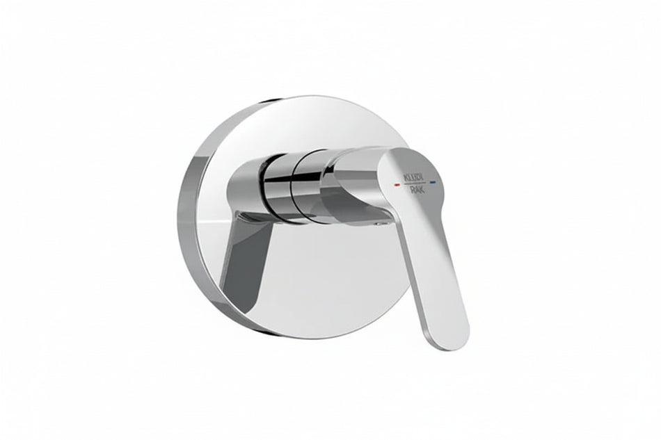 A modern single-handle wall-mounted faucet trim with a polished chrome finish