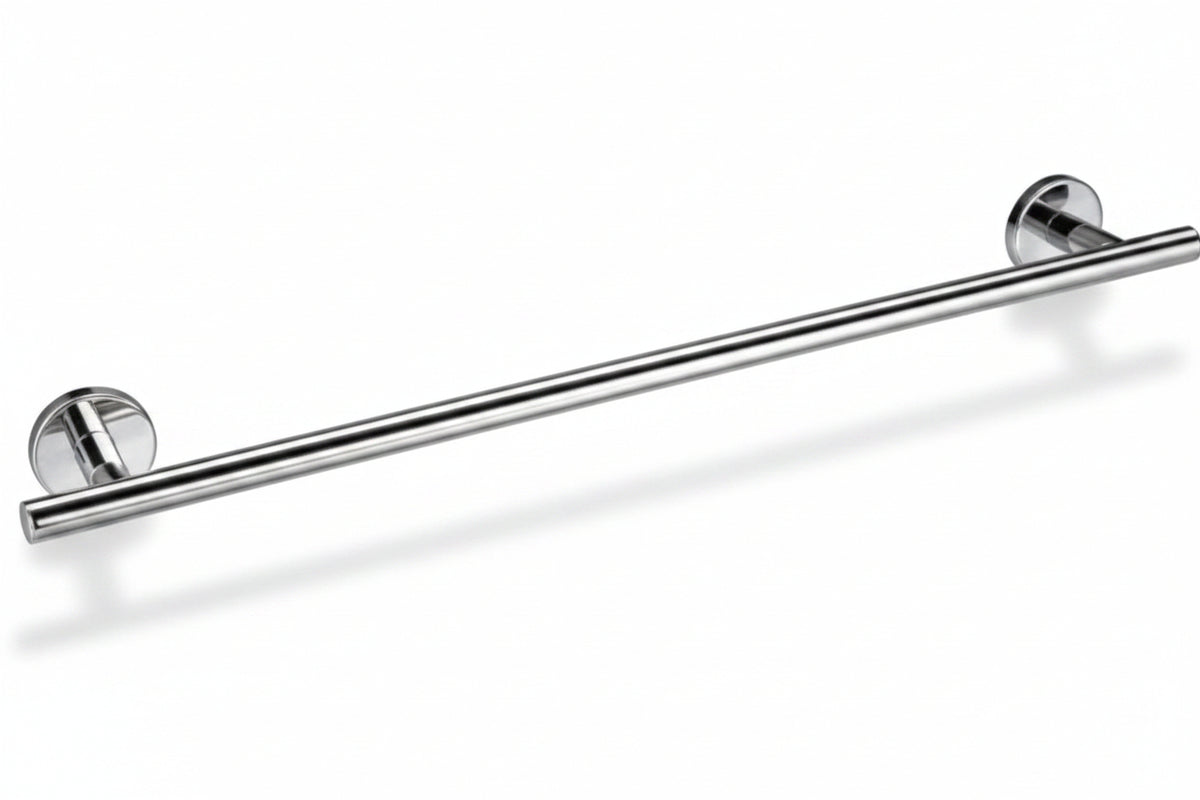 A polished chrome towel bar with two round wall mount