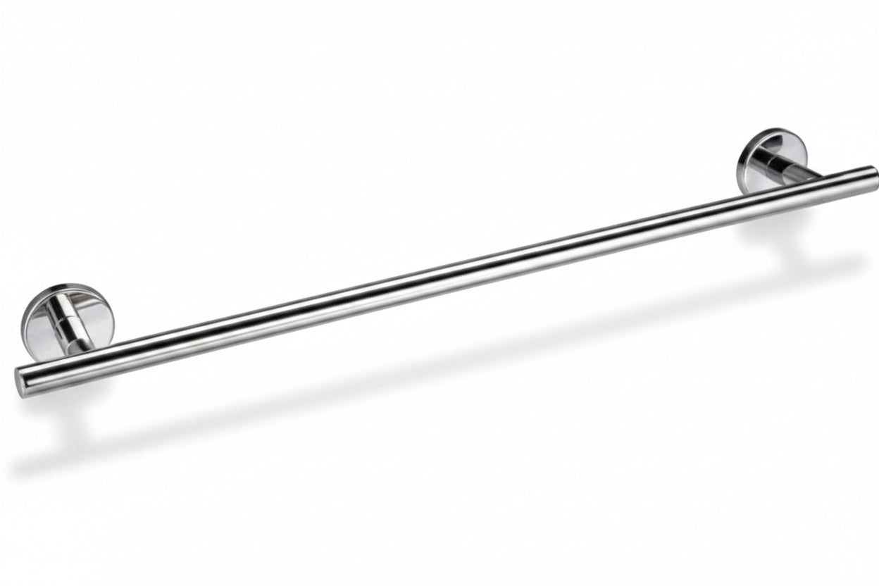 A polished chrome towel bar with two round wall mount