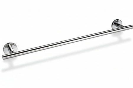 A polished chrome towel bar with two round wall mount