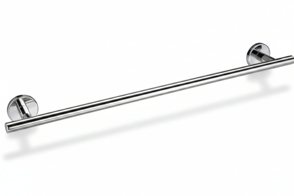 A polished chrome towel bar with two round wall mount