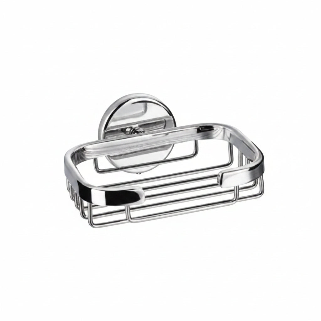 A polished chrome metal soap dish with a circular suction cup mount