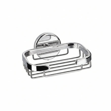 A polished chrome metal soap dish with a circular suction cup mount
