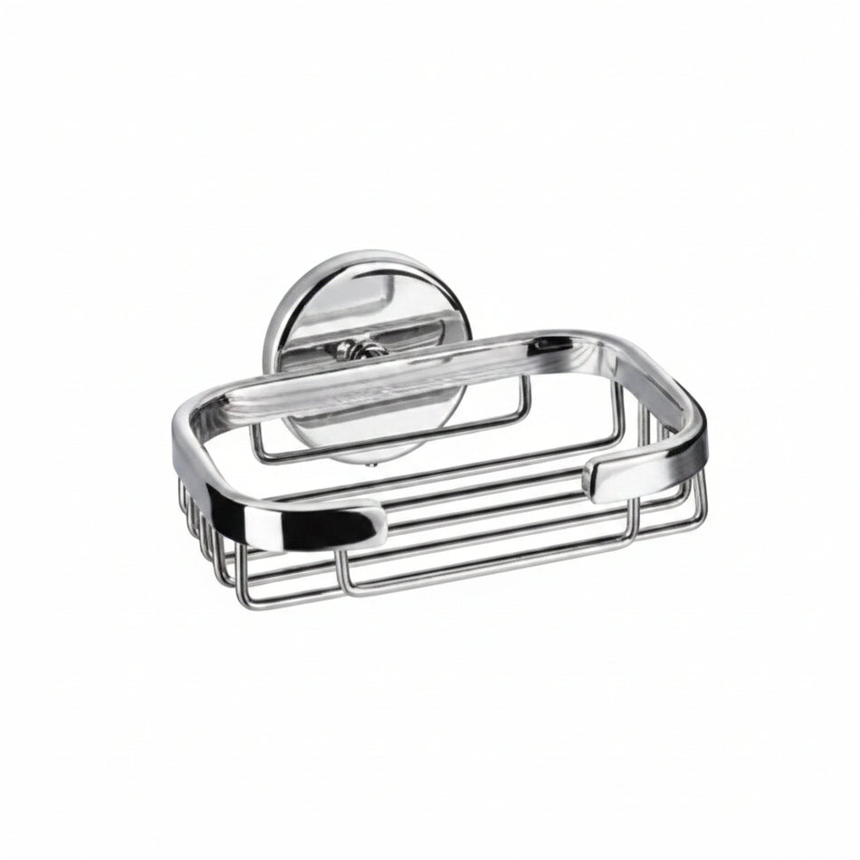A polished chrome metal soap dish with a circular suction cup mount