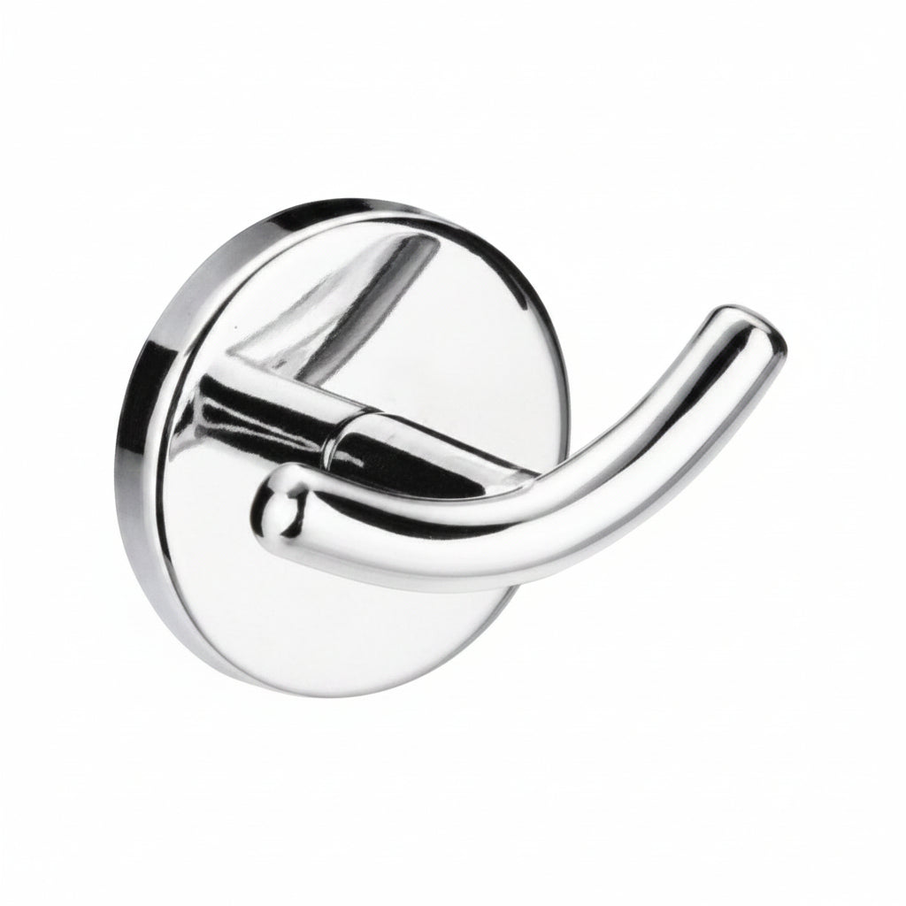A polished chrome wall hook with a circular backplate and a curved hook arm
