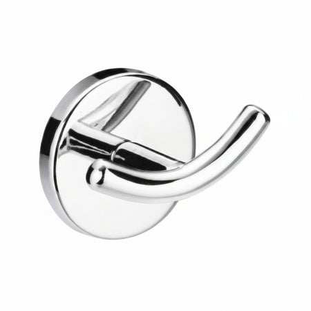 A polished chrome wall hook with a circular backplate and a curved hook arm