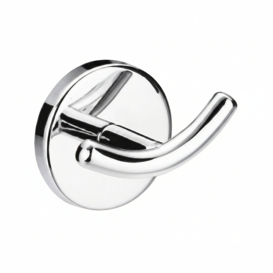 A polished chrome wall hook with a circular backplate and a curved hook arm