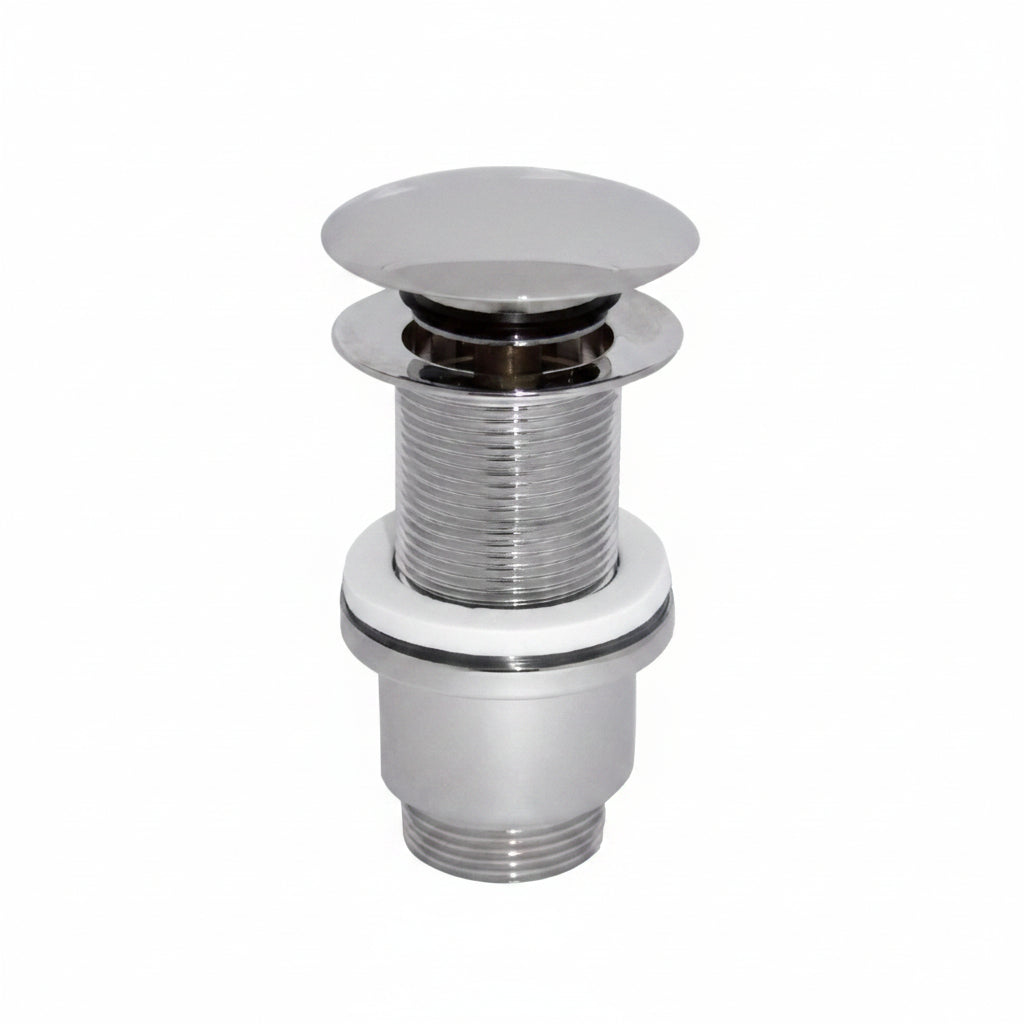 A polished chrome bathroom sink drain assembly with a round pop-up stopper, threaded pipe connection, and white gasket ring