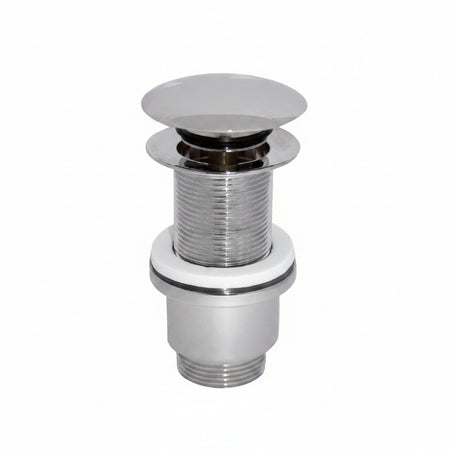 A polished chrome bathroom sink drain assembly with a round pop-up stopper, threaded pipe connection, and white gasket ring