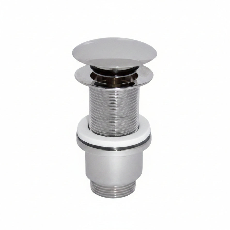 A polished chrome bathroom sink drain assembly with a round pop-up stopper, threaded pipe connection, and white gasket ring